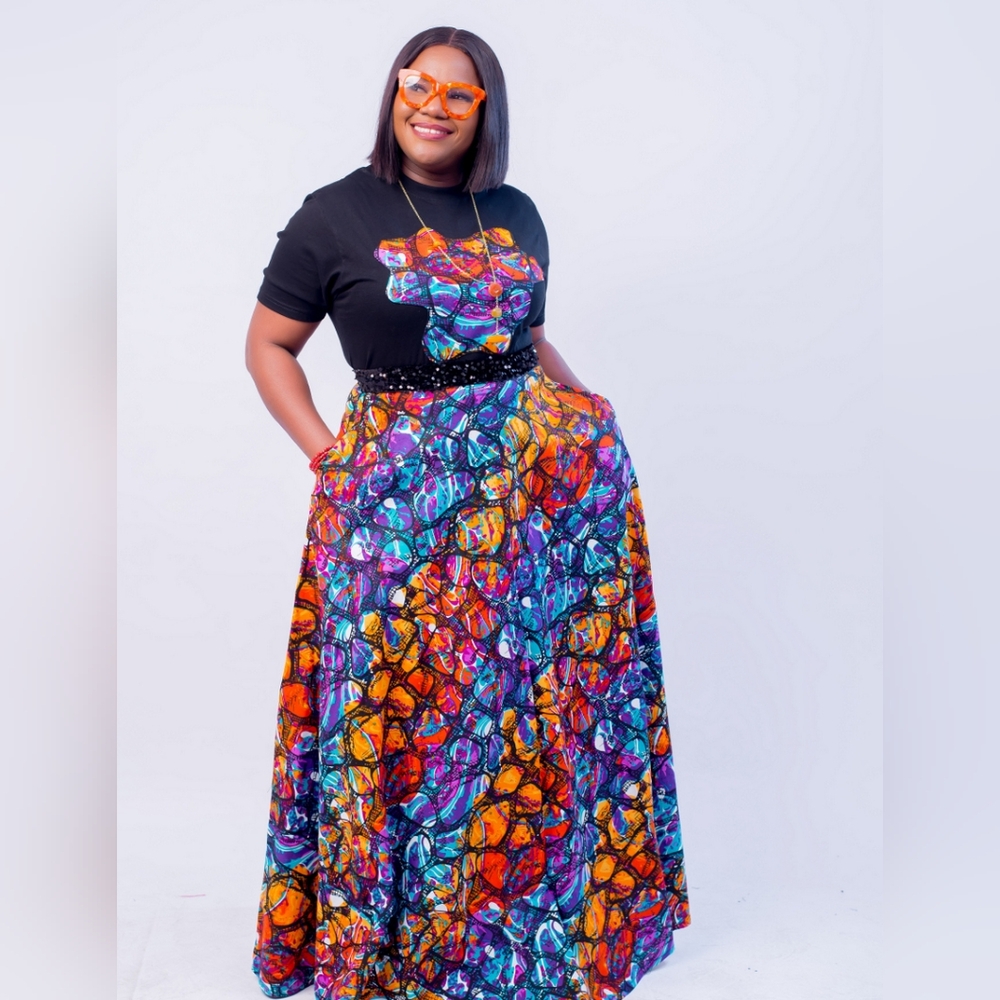 Empress Set|Black Sequin Tee + African Print Maxi Skirt|Multiple Pattern &Sizes - Picture 8 of 11